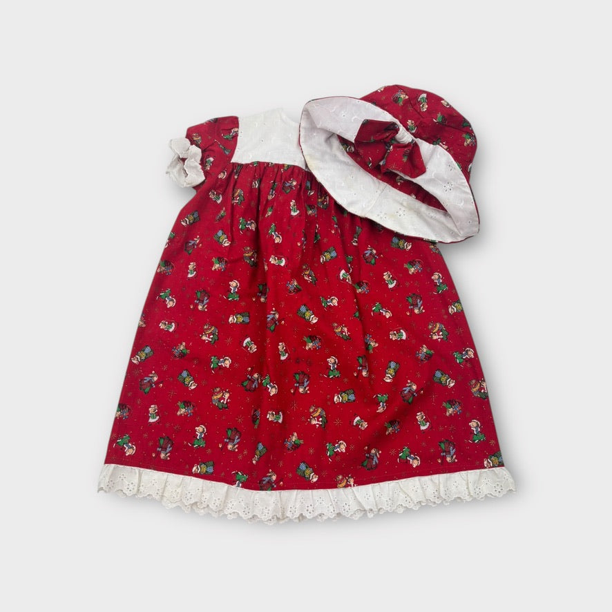 Vintage Handmade Christmas Dress and Hat Set, Size 4