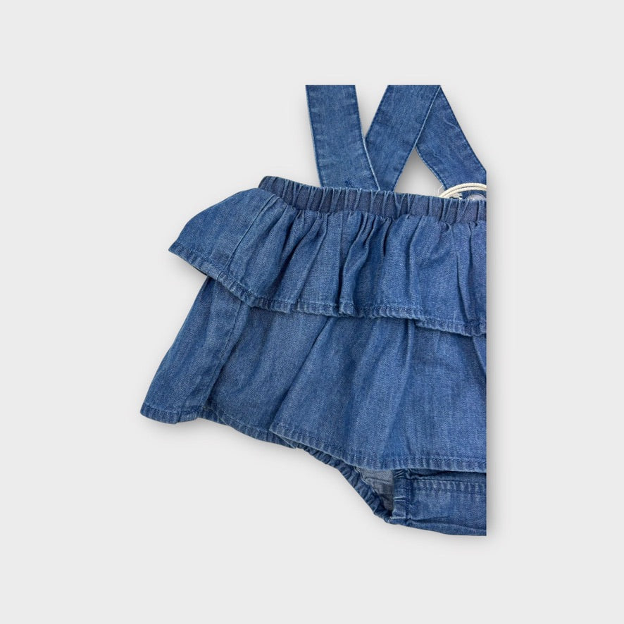 Country Road Ruffle Denim Romper, Size 2