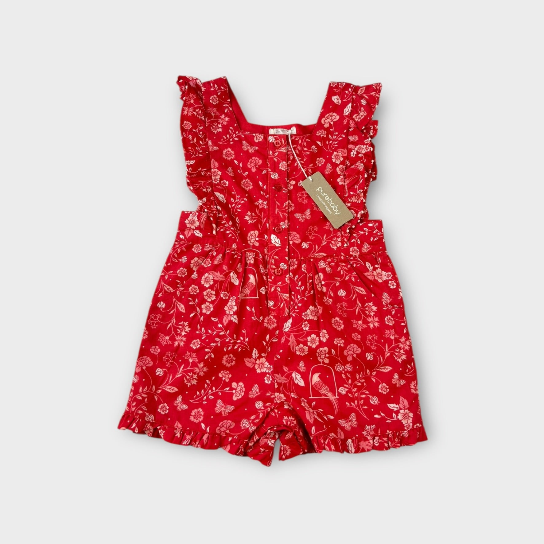 Purebaby Red Floral Romper, Size 2
