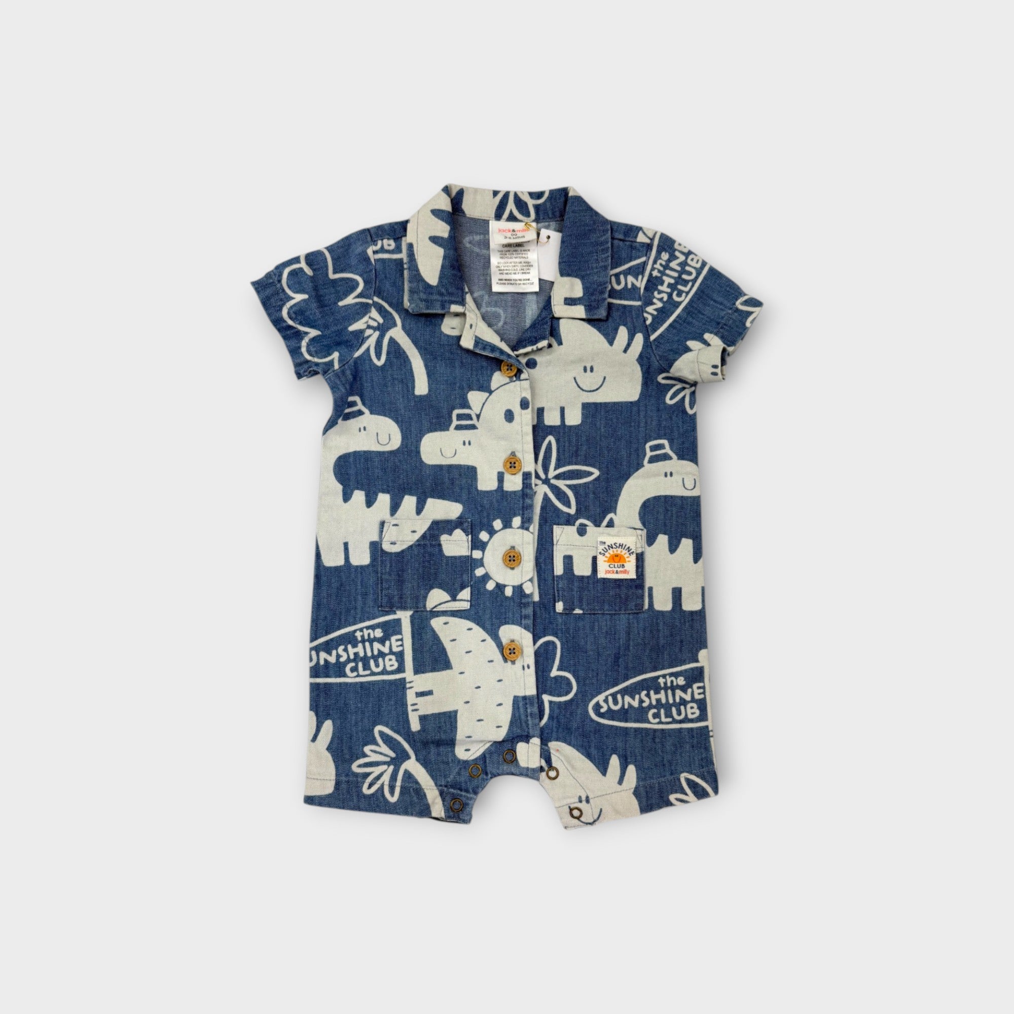 Jack & Milly Dino Print Chambray Romper, Size 00