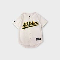 Retro Majestic Oakland Athletics White Button-Up Baseball Jersey, Size 6-7