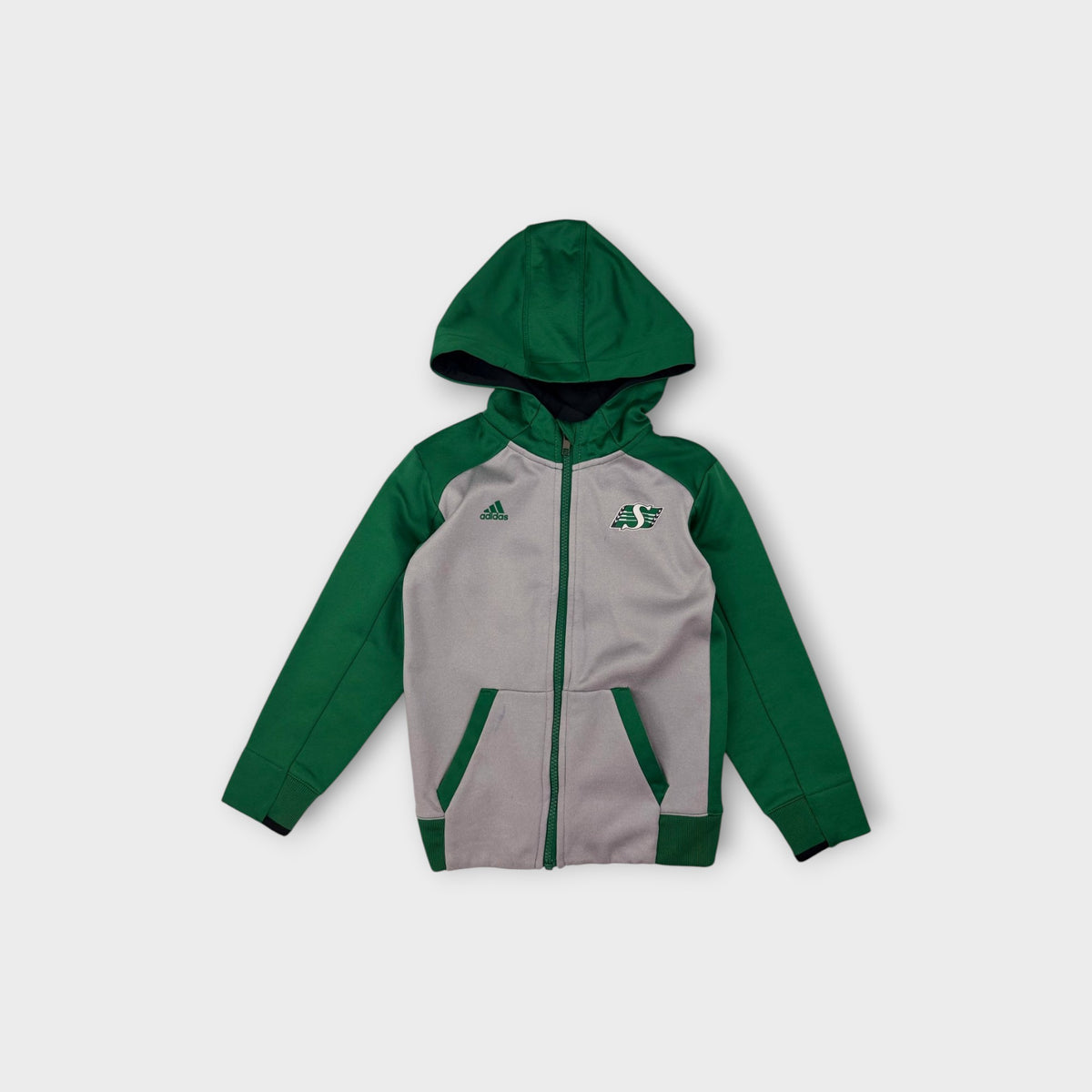 Retro Adidas Green and Grey Saskatchewan Roughriders Zip-Up Jacket, Size 5-6