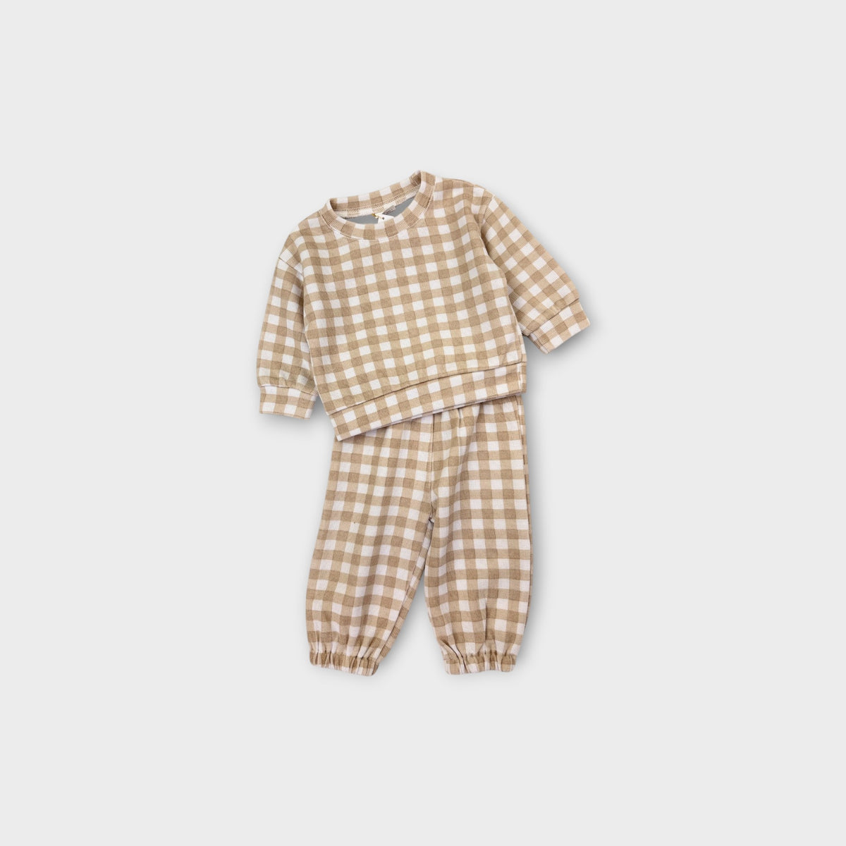 Mini Zali Beige Gingham Matching Set, Size 0