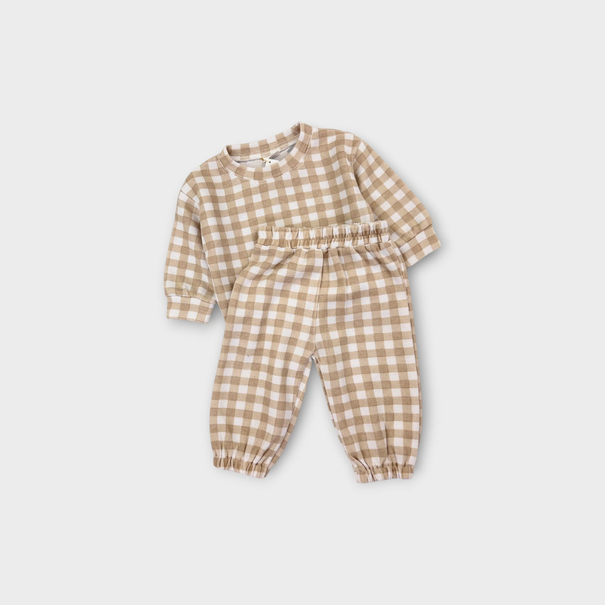 Mini Zali Beige Gingham Matching Set, Size 0