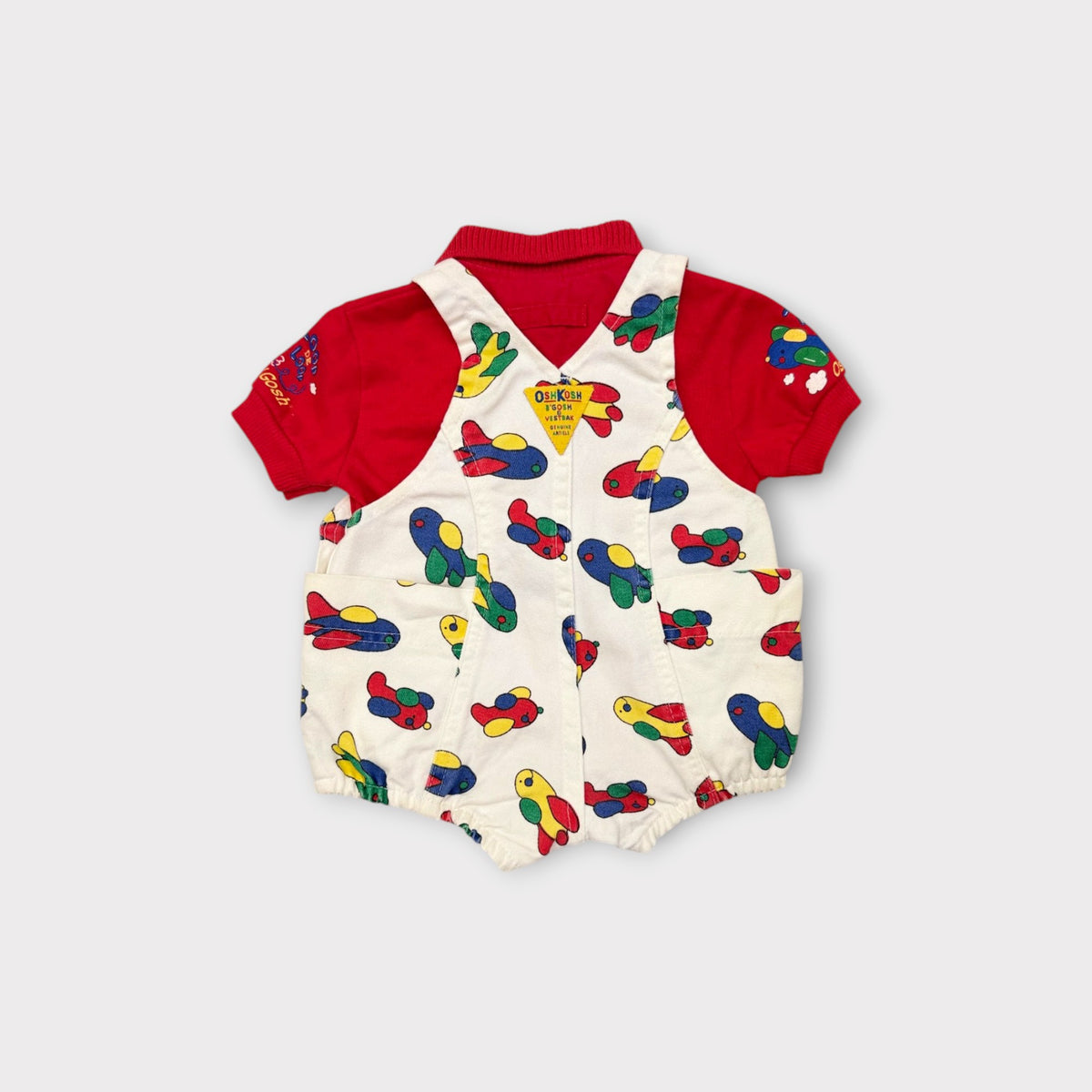 Vintage OshKosh B'Gosh Pudgy Planes Bubble Overalls and Shirt Set, Size 6-9M