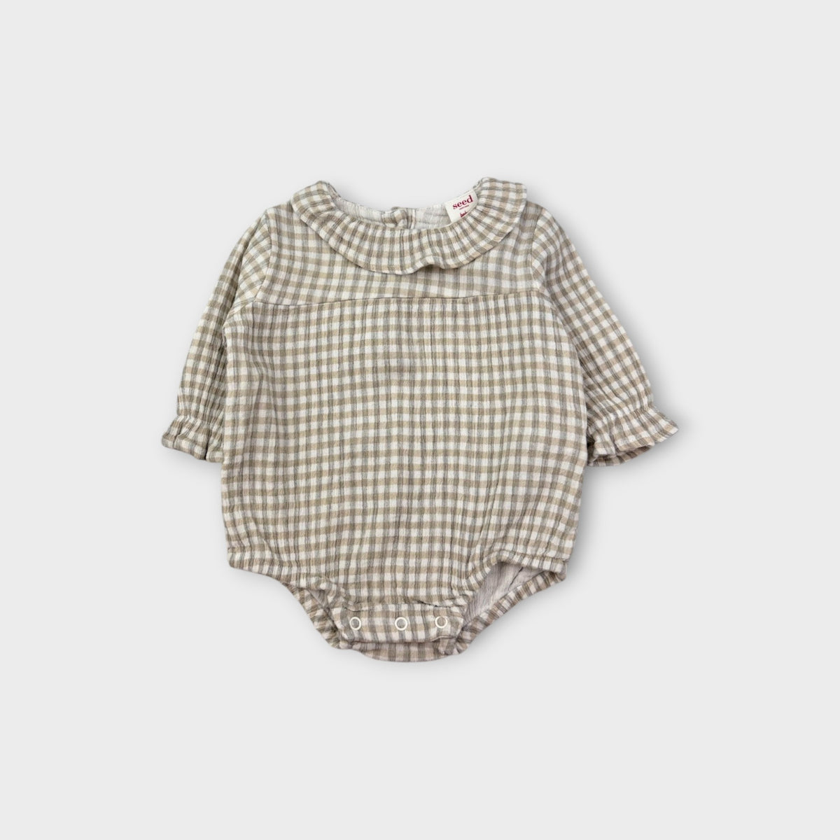 Seed Beige Gingham Frill Collar Romper, Size TBC