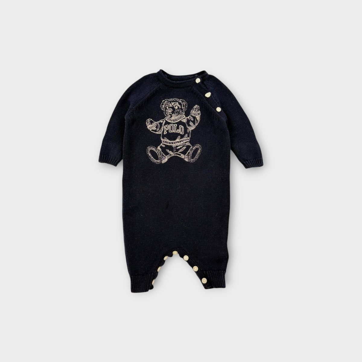Ralph Lauren Navy Polo Bear Knit Romper, Size TBC