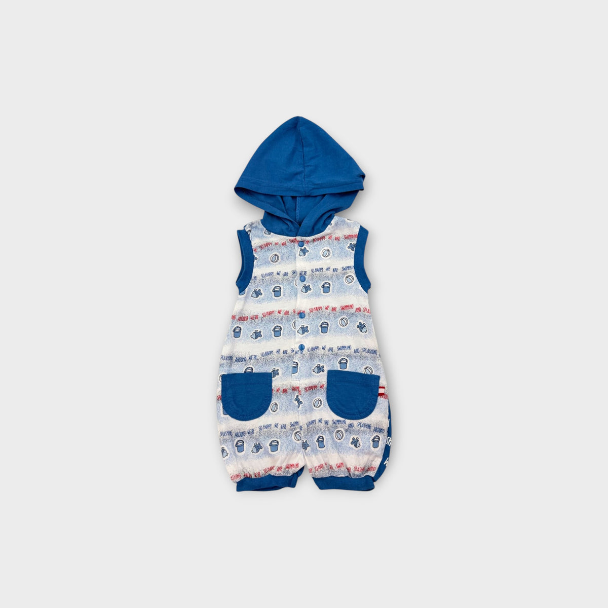 Vintage Blue Hooded Swim Print Romper, Size 00