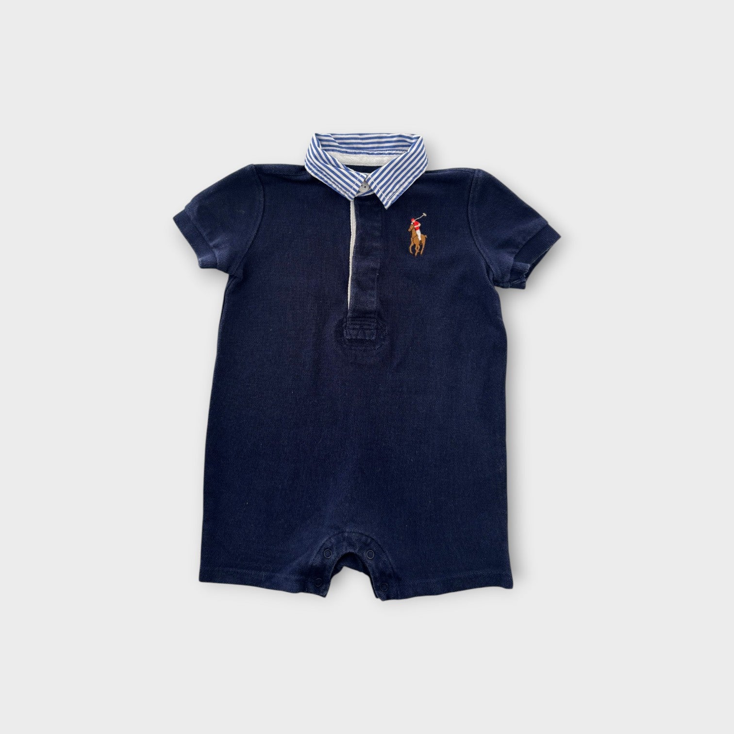 RL Stripe Collar Polo Romper, Size 00