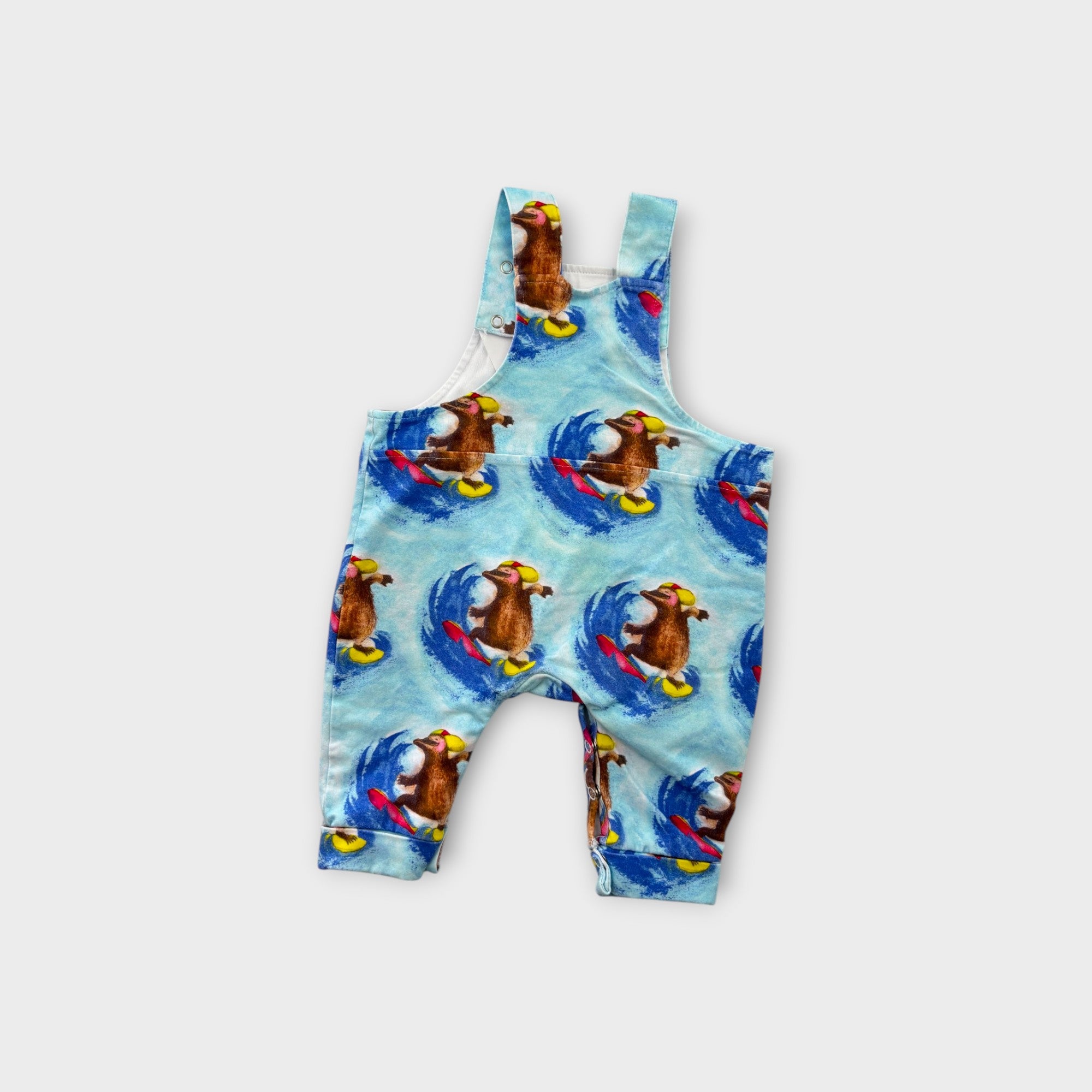Cheeky Chickadee Surfing Platypus Overalls, Size 0