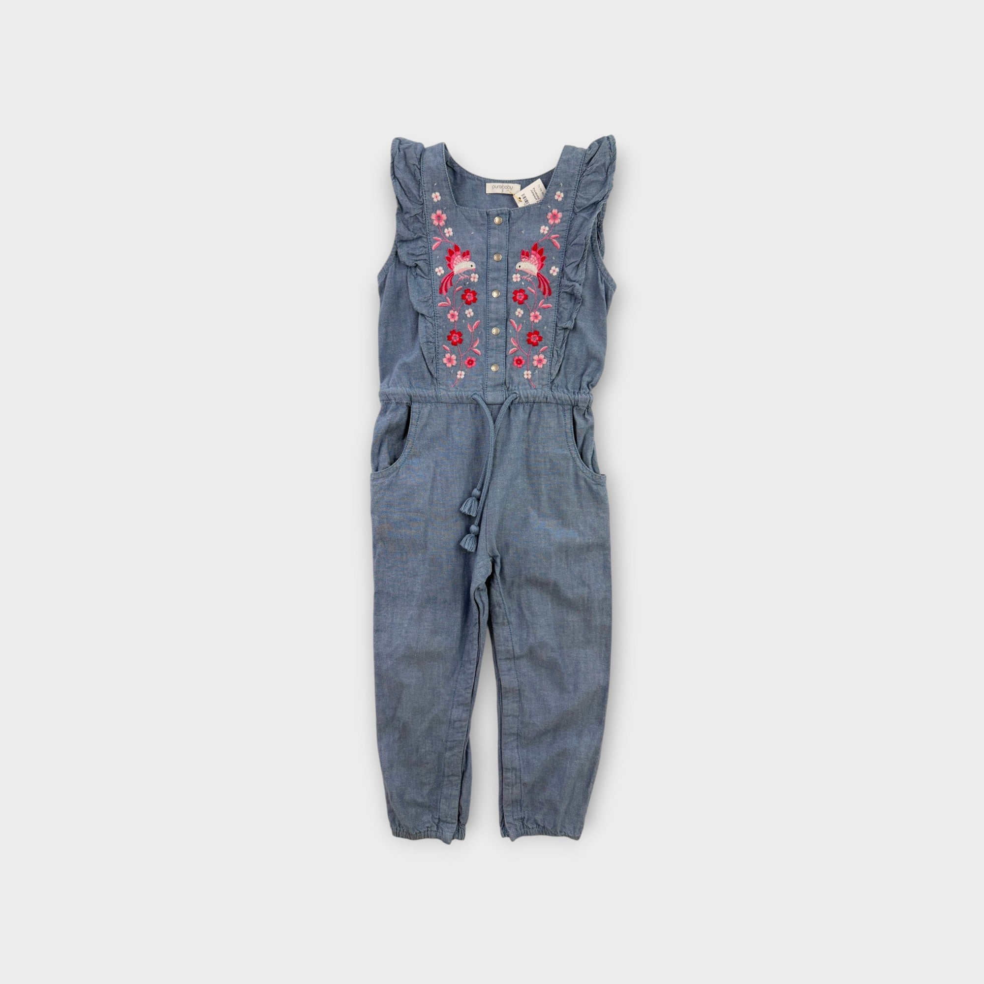 Purebaby Embroidered Chambray Jumpsuit, Size 3