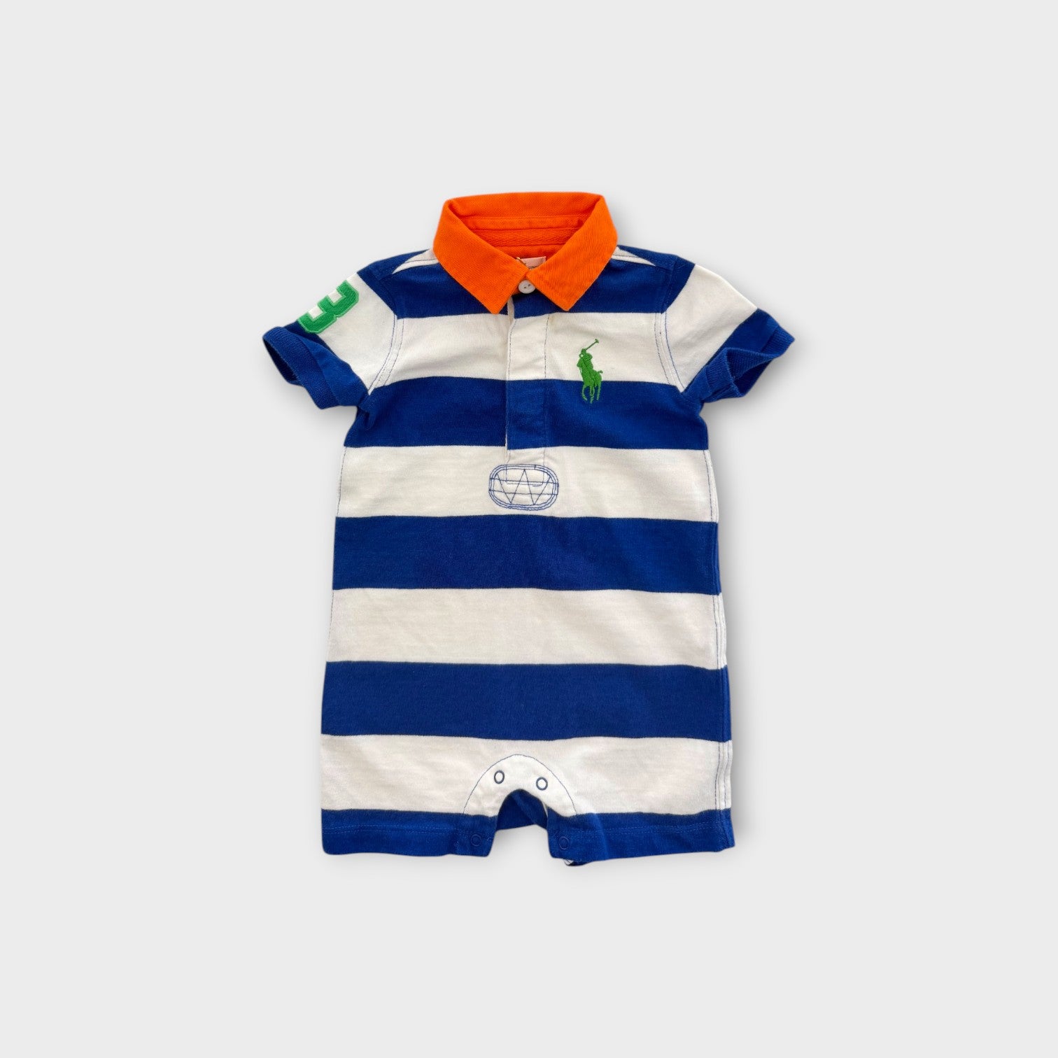RL Striped Contrast Collar Romper, Size 00-0