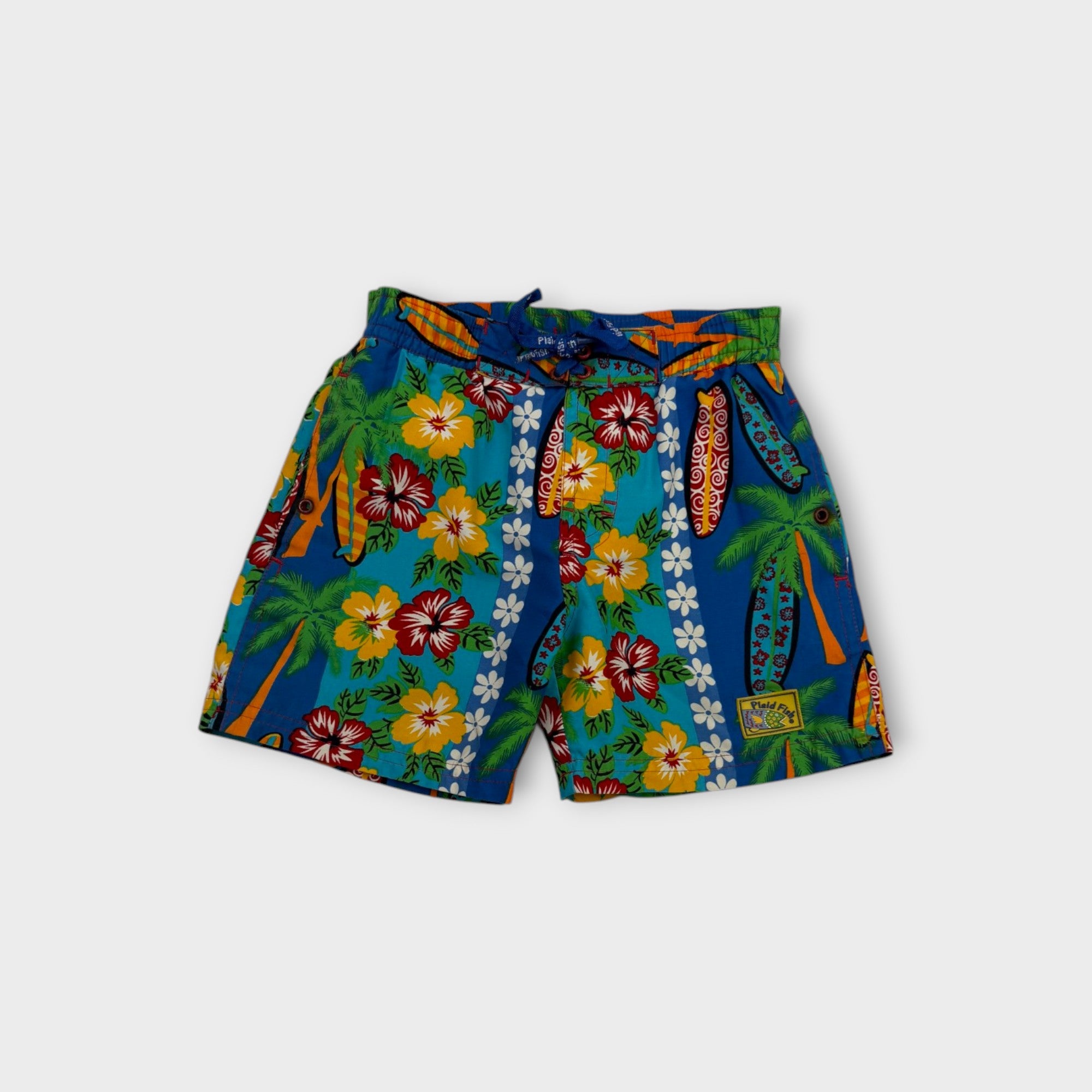 Plaid Fish Retro Style Swim Shorts, Size 2-3