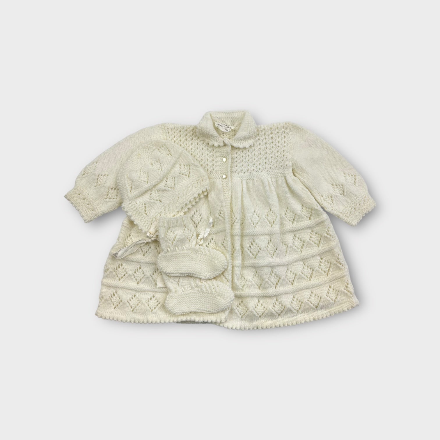 Vintage Hand Knit White Cardigan Set, Size Newborn