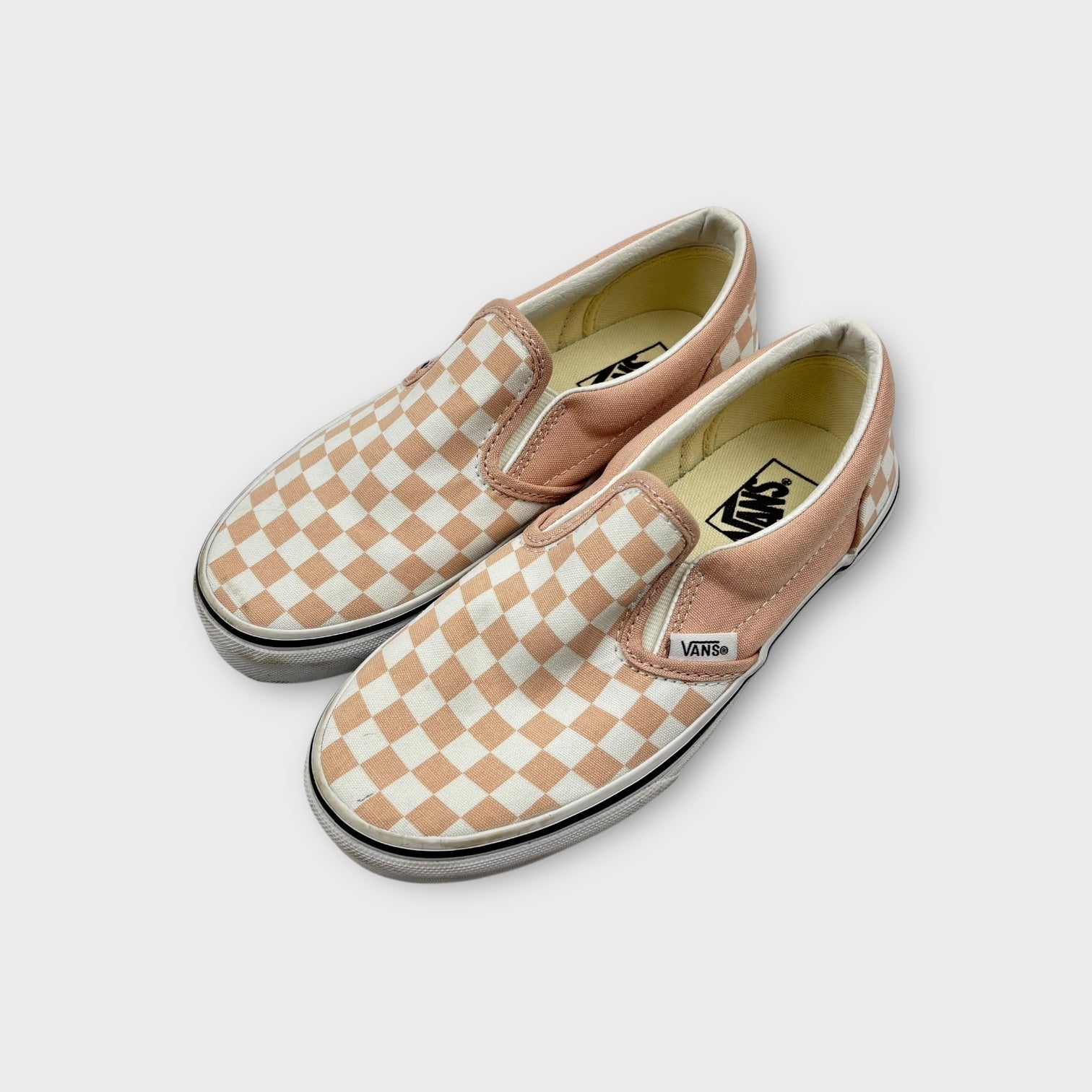 Peach Checkerboard Slip On Vans, Size EU 32.5