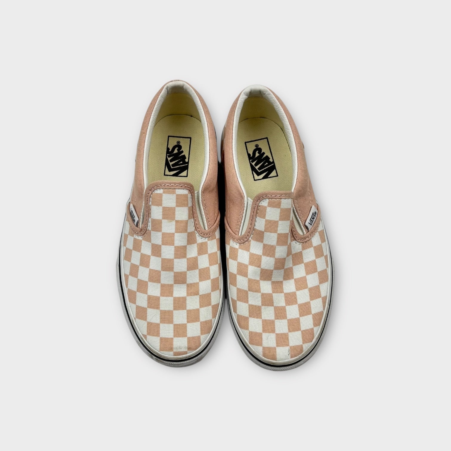 Peach Checkerboard Slip On Vans, Size EU 32.5