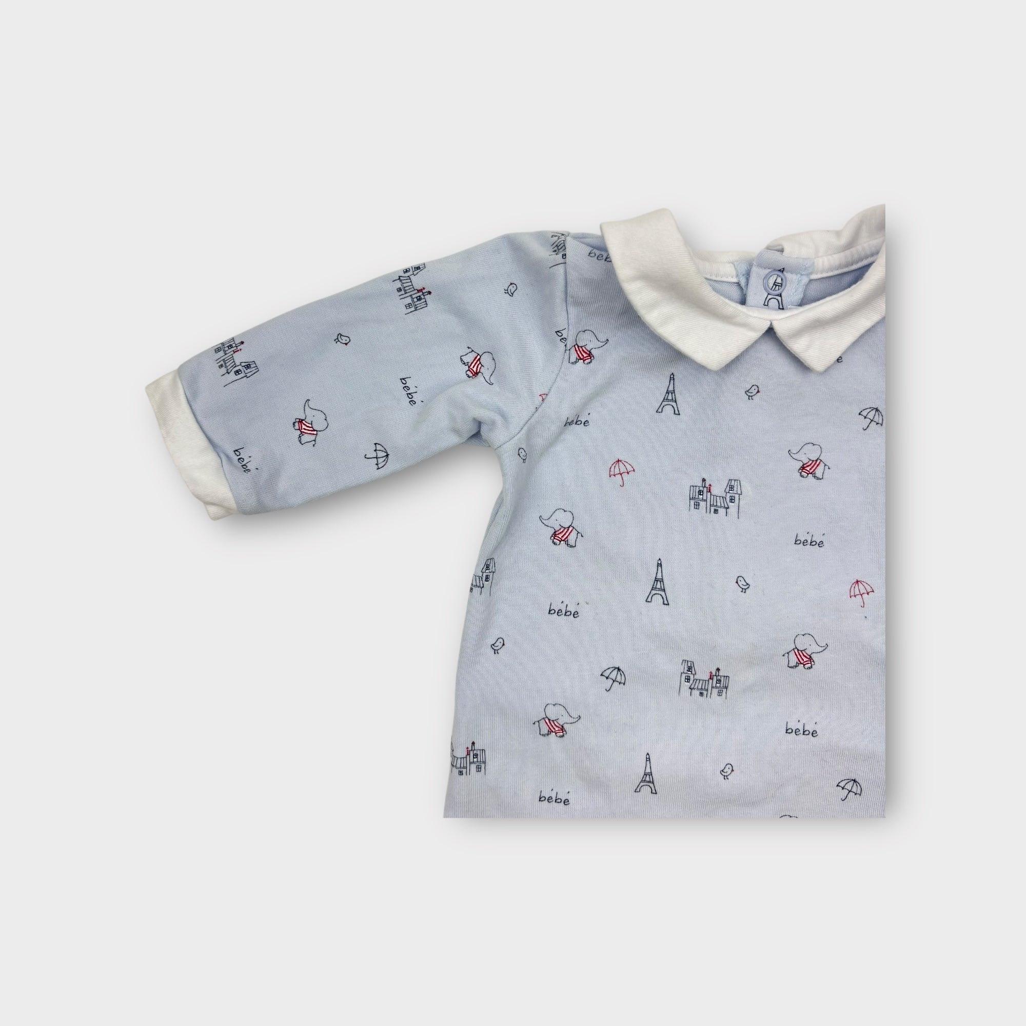 Jacadi Blue Parisian Print Onesie, Size 00