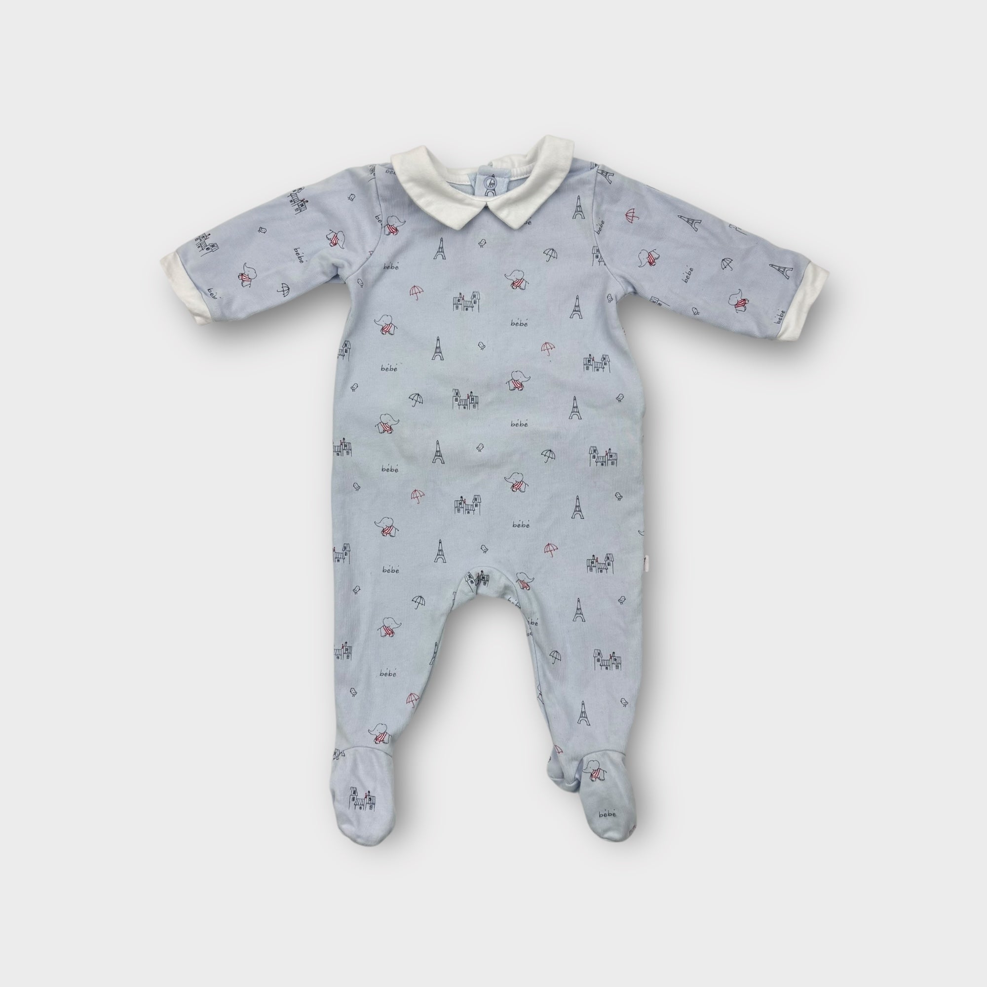 Jacadi Blue Parisian Print Onesie, Size 00