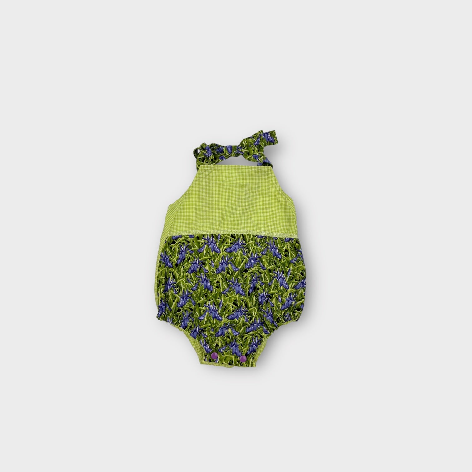 Handmade Green and Purple Floral Romper, Size 0